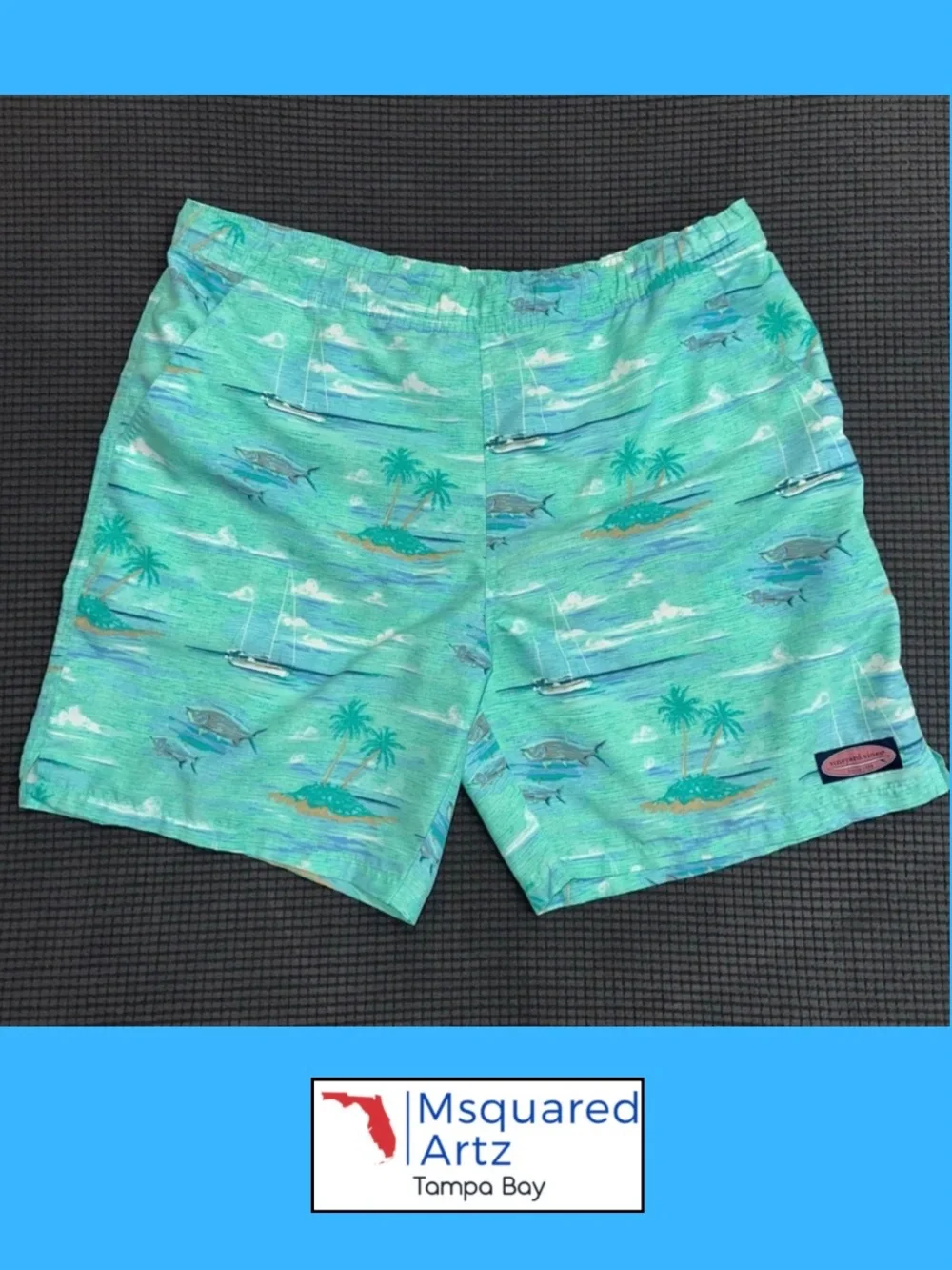 Vineyard Vines Swim Trunks Green Tropical Fish Island Print Men's Medium 7 Inch